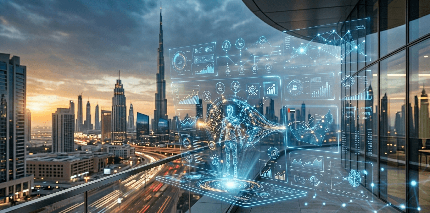 Dubai skyline with the Burj Khalifa and a holographic AI interface and data dashboards overlaid