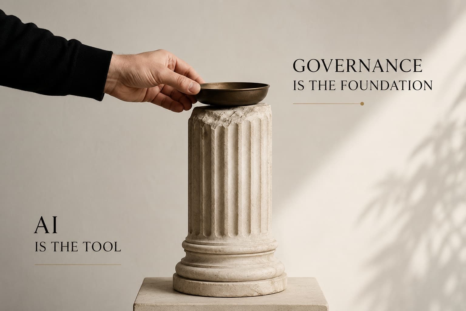A hand placing a bowl on a classical stone column, with the words AI is the tool and Governance is the foundation