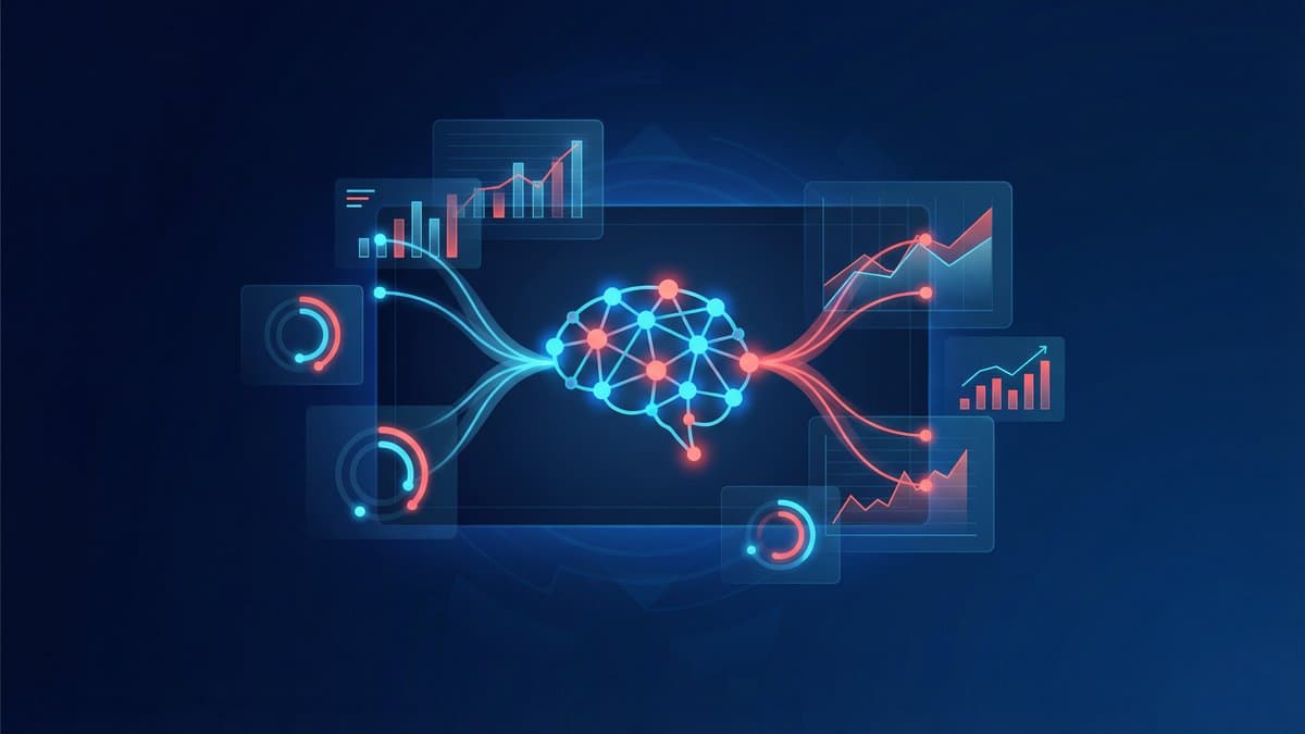 Illustration of an AI brain network surrounded by analytics dashboards and charts