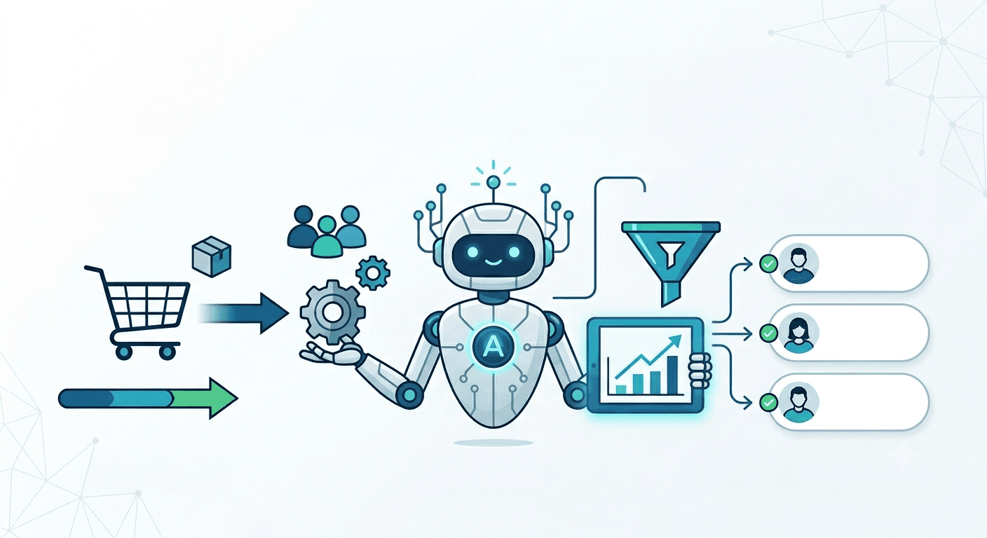 Illustration of an AI sales agent qualifying and routing leads from website traffic into a sales funnel and CRM contacts